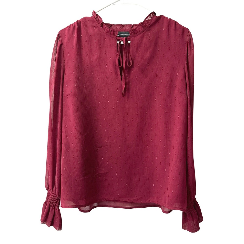 INC Blouse M Burgundy Clip Dot Ruffle Neck Tie Front Smocked Cuff Romantic Boho